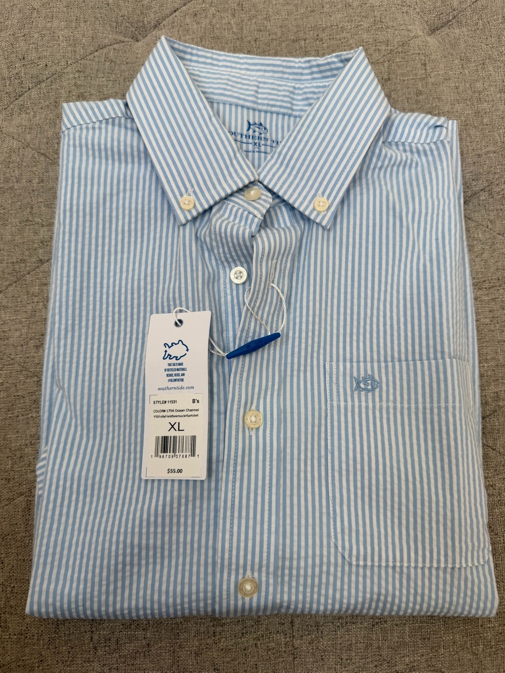 NWT SOUTHERN TIDE BOYS SHORT SLEEVE BUTTON DOWN seersucker blue SHIRT SIZE 14 XL